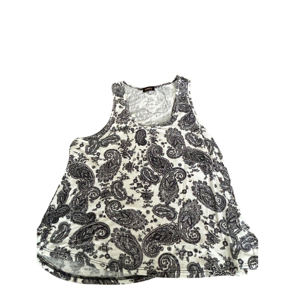 Poetry Womens Paisley Print Tank Top Black White Sleeveless Scoop Neck Size L
